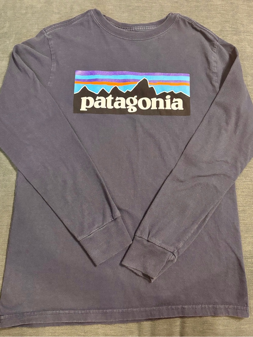 Patagonia Long-Sleeve Logo Tee in Navy with Multicolor Stripe Graphic